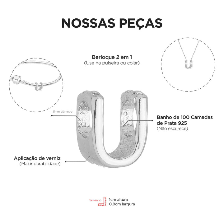 Berloque Letra U separador prateado — detalhe da peça Work Semijoias