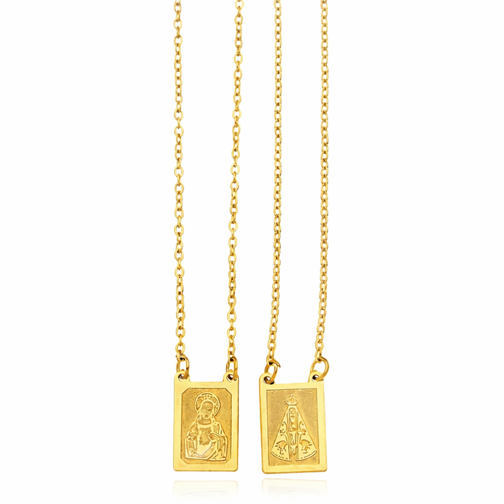 Corrente Escapulário Jesus e Nossa Senhora masculino dourado aço inox semijoia Work Semijoias