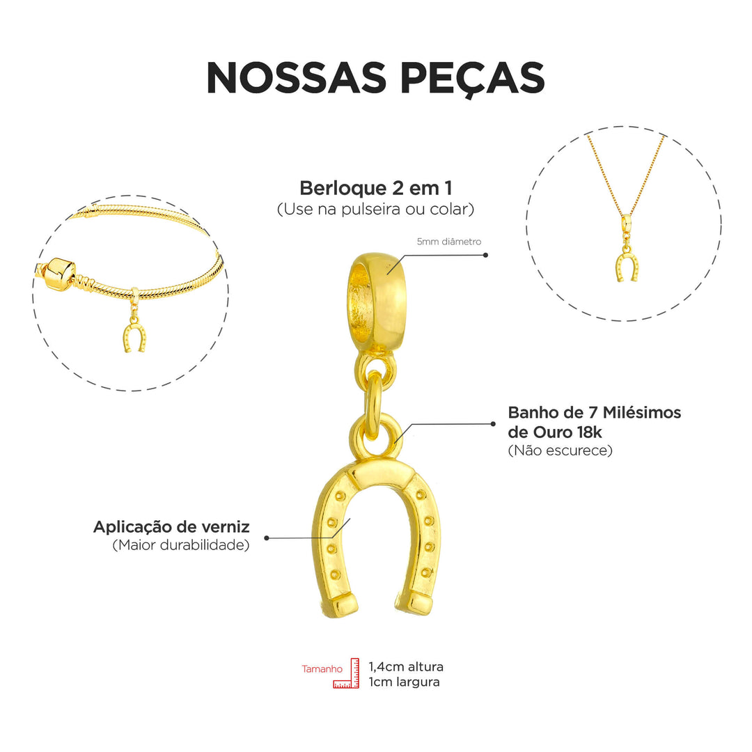 Berloque Ferradura dourado — ângulo lateral semijoia Work Semijoias