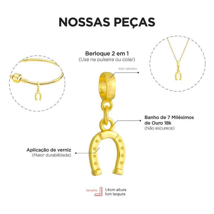 Berloque Ferradura dourado — ângulo lateral semijoia Work Semijoias