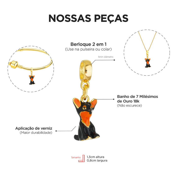 Berloque Pinscher dourado — close-up argola Work Semijoias