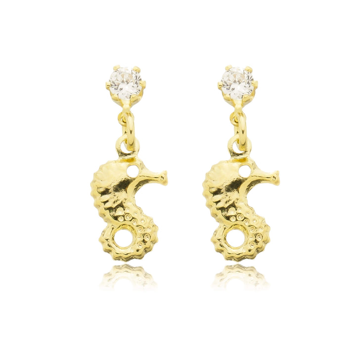 Brinco Pingente Cavalo-Marinho Ponto de Luz Zircônia dourado semijoia Work Semijoias