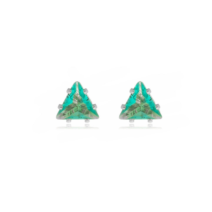 Brinco Ponto de Luz Triangular Verde Cravejado 2 prateado semijoia Work Semijoias
