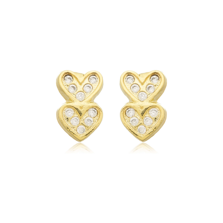 Brinco 2 Corações Cravejado dourado semijoia Work Semijoias