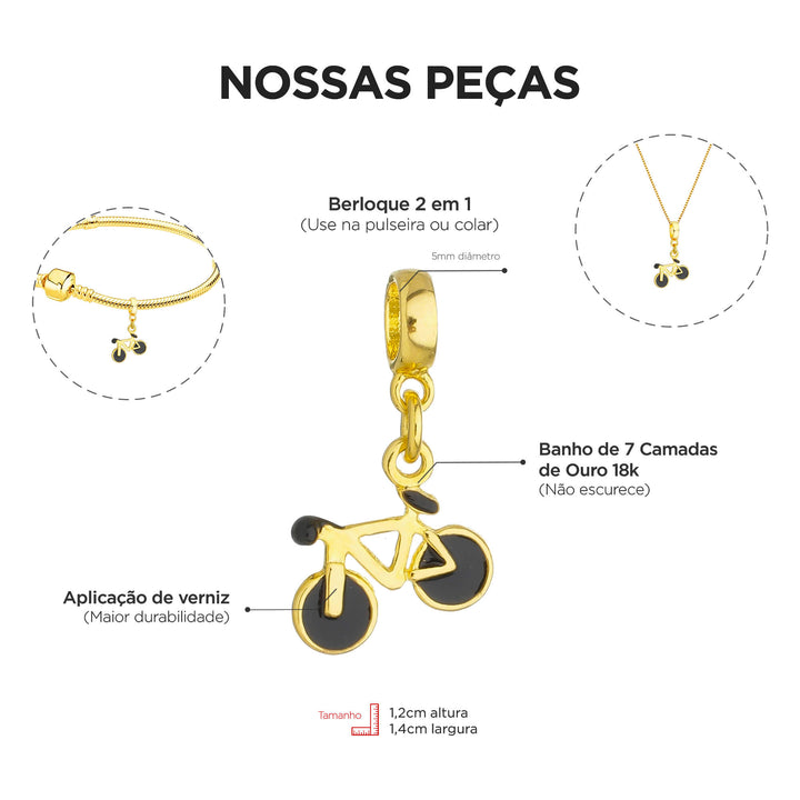 Berloque Bicicleta Ciclismo dourado — ângulo lateral semijoia Work Semijoias