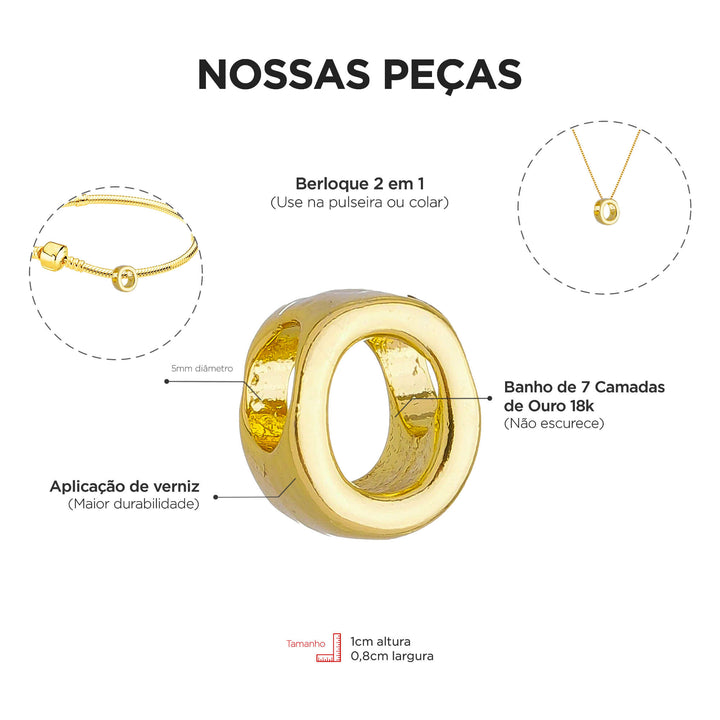 Berloque Letra O dourado — ângulo lateral semijoia Work Semijoias