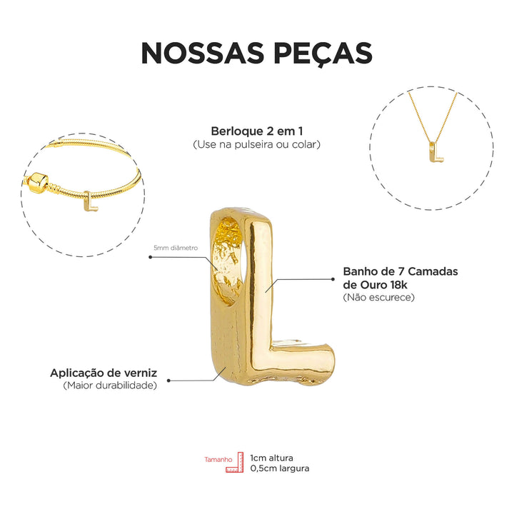 Berloque Letra L Separador Ouro 18k — compatível pandora e similares