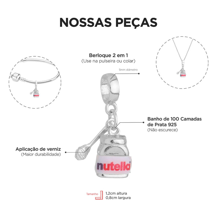 Berloque Nutella Chocolate prateado — ângulo lateral semijoia Work Semijoias