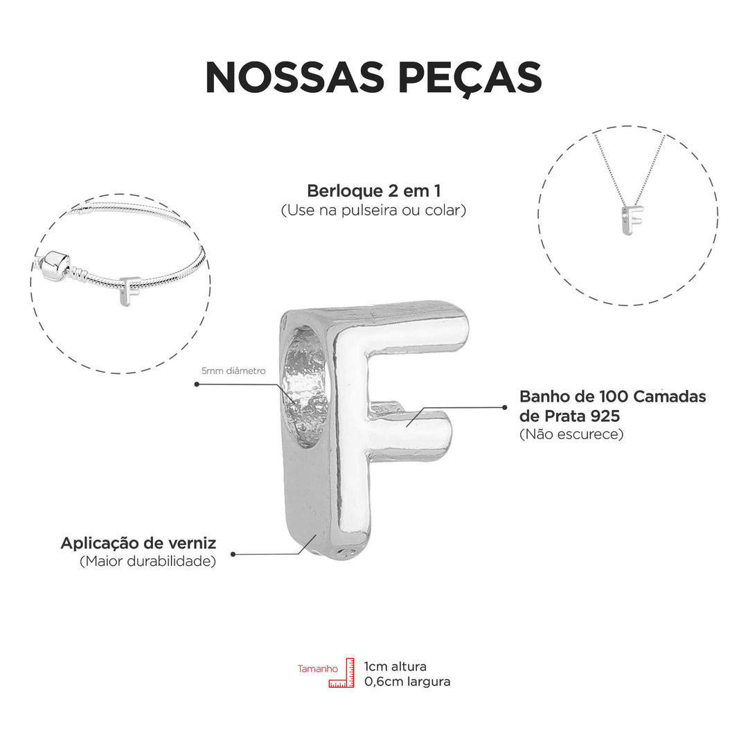 Berloque Letra F separador prateado — detalhe da peça Work Semijoias