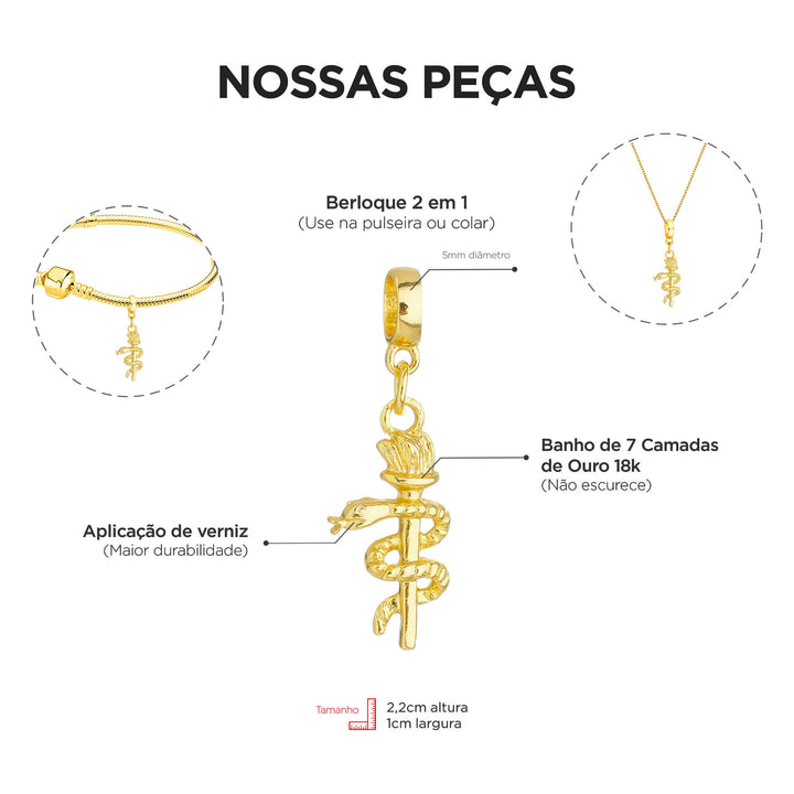 Berloque Símbolo da Odontologia dourado — detalhe da peça Work Semijoias