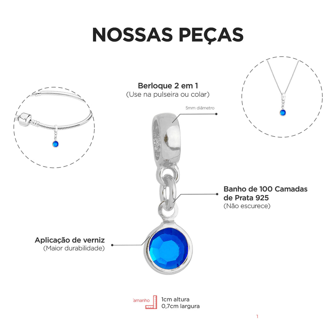 Berloque Cristal Azul prateado — detalhe da peça Work Semijoias
