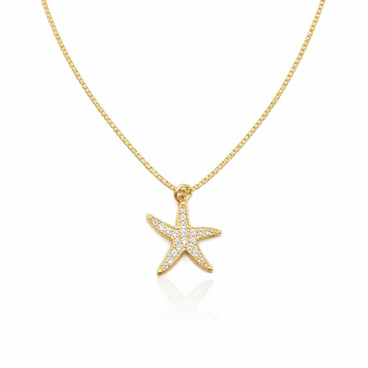 Colar Estrela do Mar Cravejado Zircônia dourado semijoia Work Semijoias