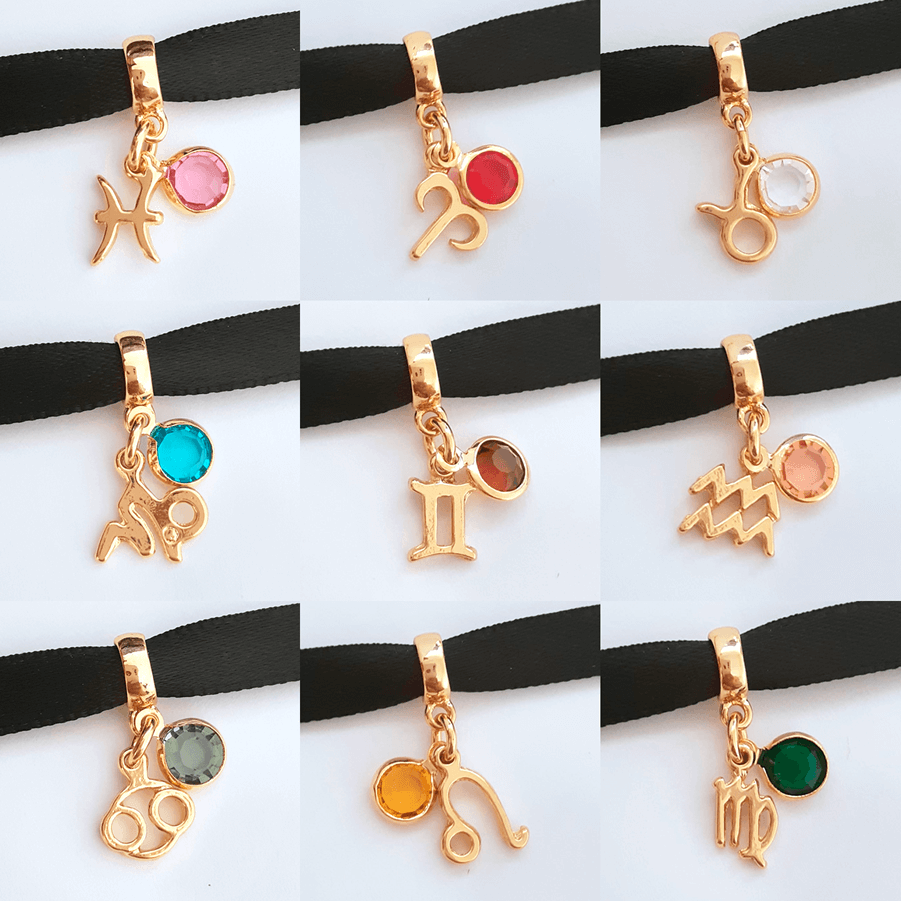 Berloques Signos Com Cristal Strass Banhado a Ouro 18k