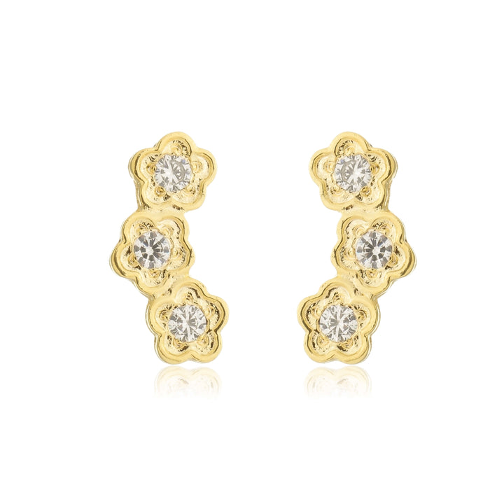 Brinco Ear Cuff 3 Flores Cravejado Zircônia dourado semijoia Work Semijoias