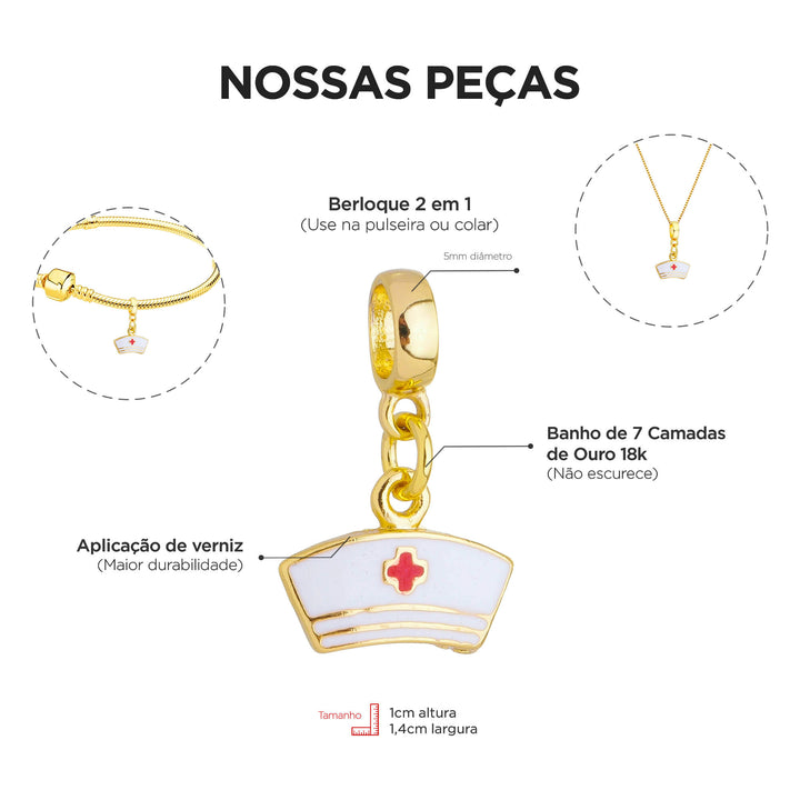 Berloque Chapéu Enfermagem dourado — detalhe da peça Work Semijoias