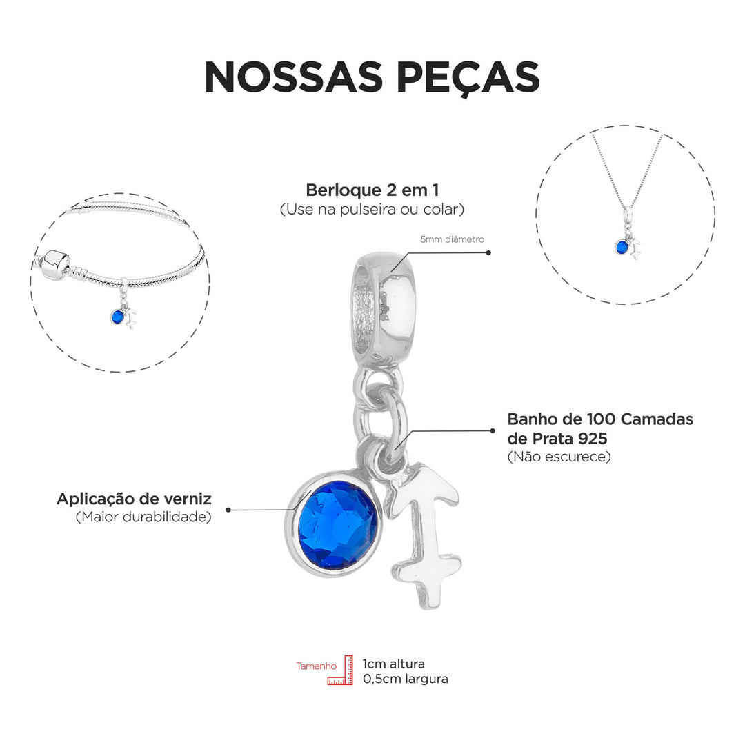 Berloque Signo Sagitário prateado — detalhe da peça Work Semijoias