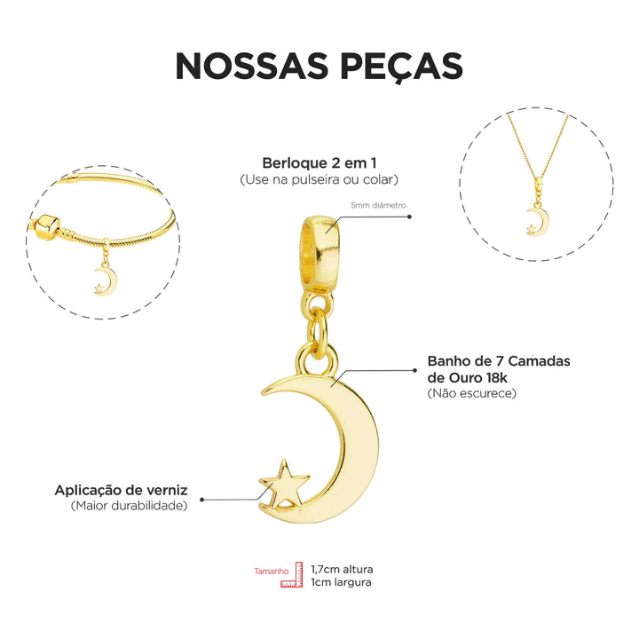 Berloque Lua com Estrela dourado — ângulo lateral semijoia Work Semijoias