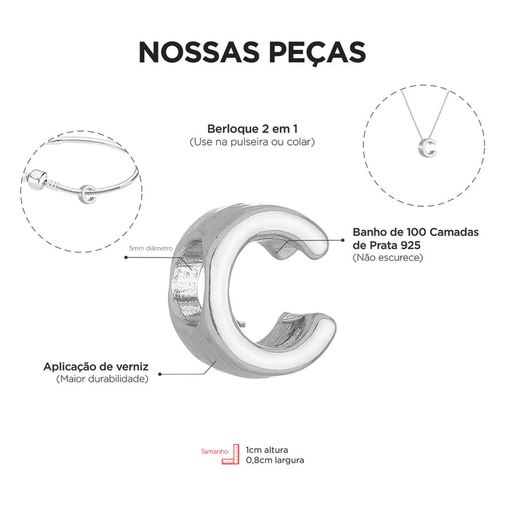Berloque Letra C separador prateado — detalhe da peça Work Semijoias
