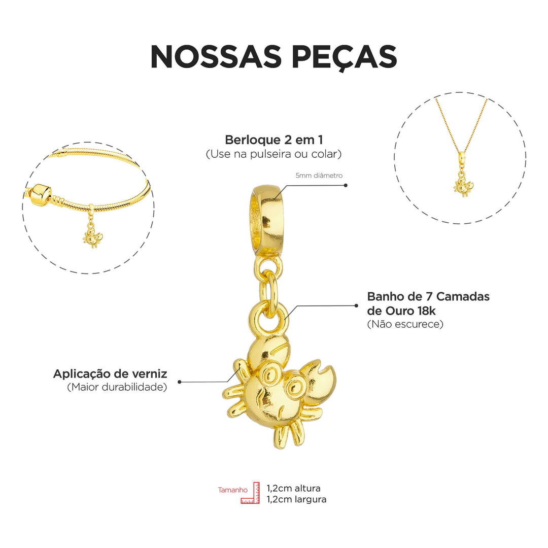 Berloque Caranguejo Siri dourado — ângulo lateral semijoia Work Semijoias