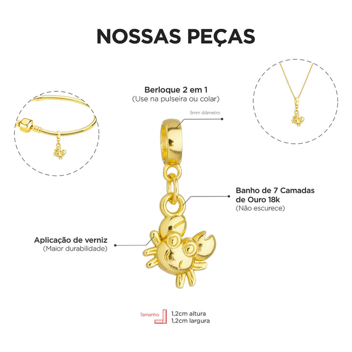 Berloque Caranguejo Siri dourado — ângulo lateral semijoia Work Semijoias