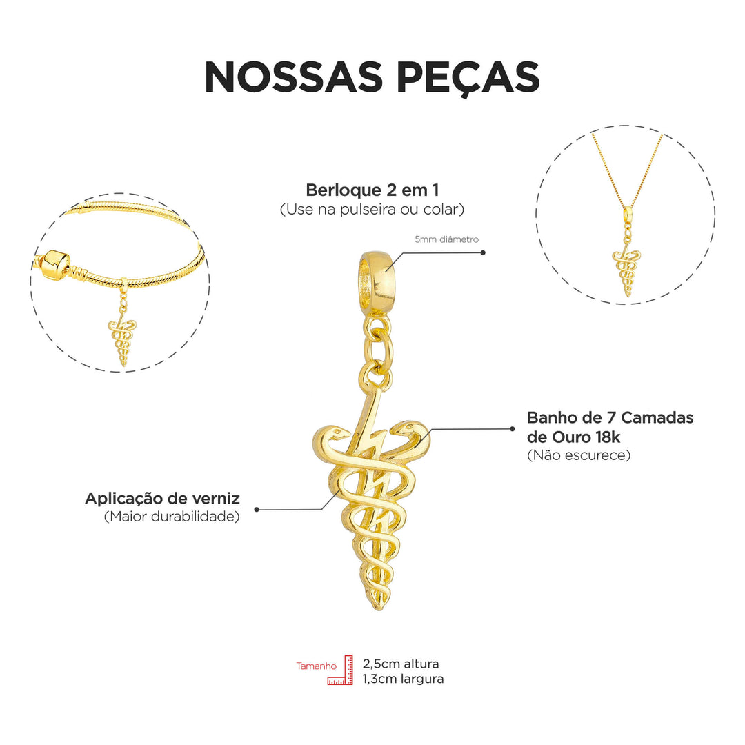 Berloque Símbolo Fisioterapia dourado — ângulo lateral semijoia Work Semijoias
