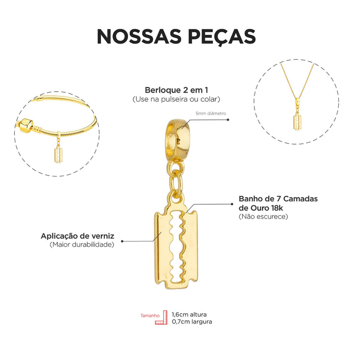 Berloque Lâmina de Barbear dourado — ângulo lateral semijoia Work Semijoias