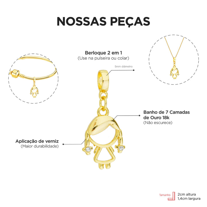 Colar Pingente Menina Filha Mãe Banhado a Ouro 18k