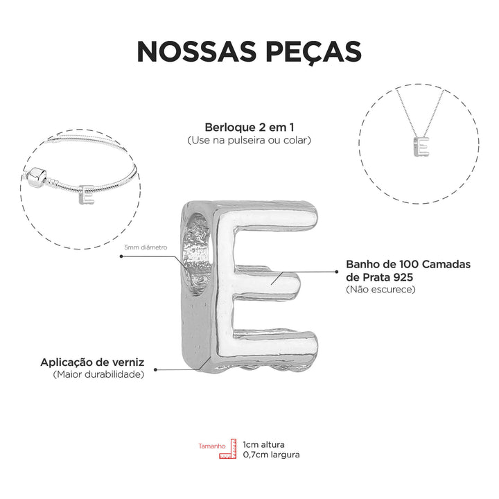 Berloque Letra E separador prateado — detalhe da peça Work Semijoias