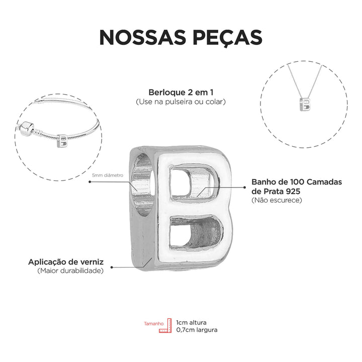 Berloque Letra B separador prateado — detalhe da peça Work Semijoias