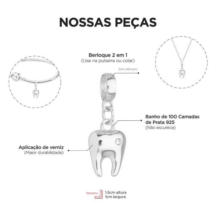 Berloque Dente Odontologia prateado — detalhe da peça Work Semijoias