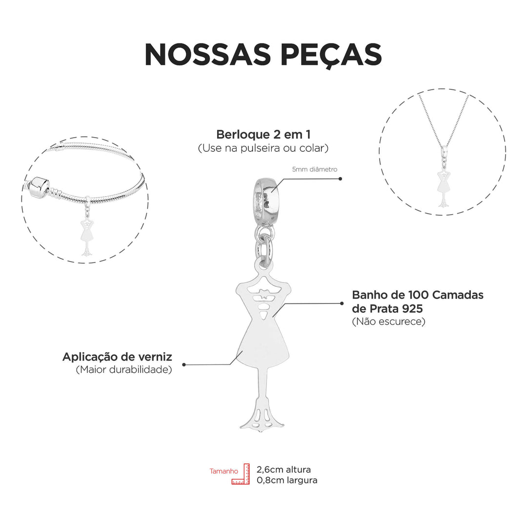 Berloque Manequim prateado — detalhe da peça Work Semijoias