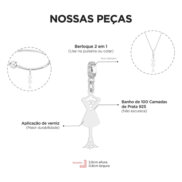 Berloque Manequim prateado — detalhe da peça Work Semijoias