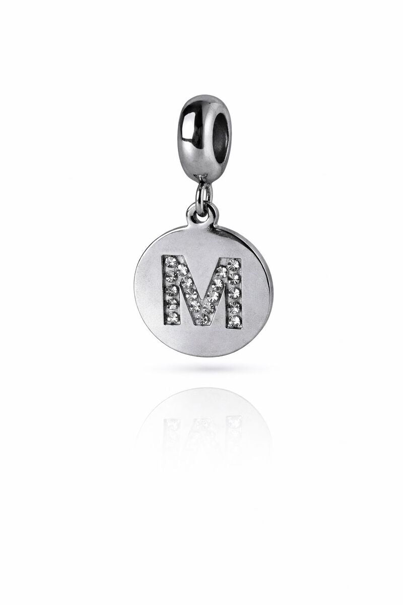 Berloque Medalha Letra M Cravejada Zircônia aço inox semijoia Work Semijoias